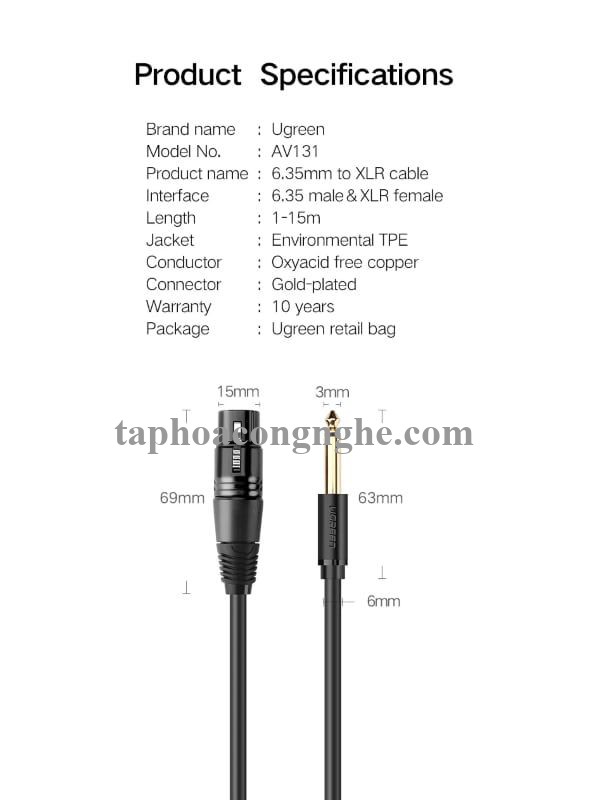 Ugreen 20725 15M màu Đen Cáp âm thanh 6.5mm sang Canon âm AV131 30020725